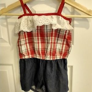 3T romper jean short plaid tank top look